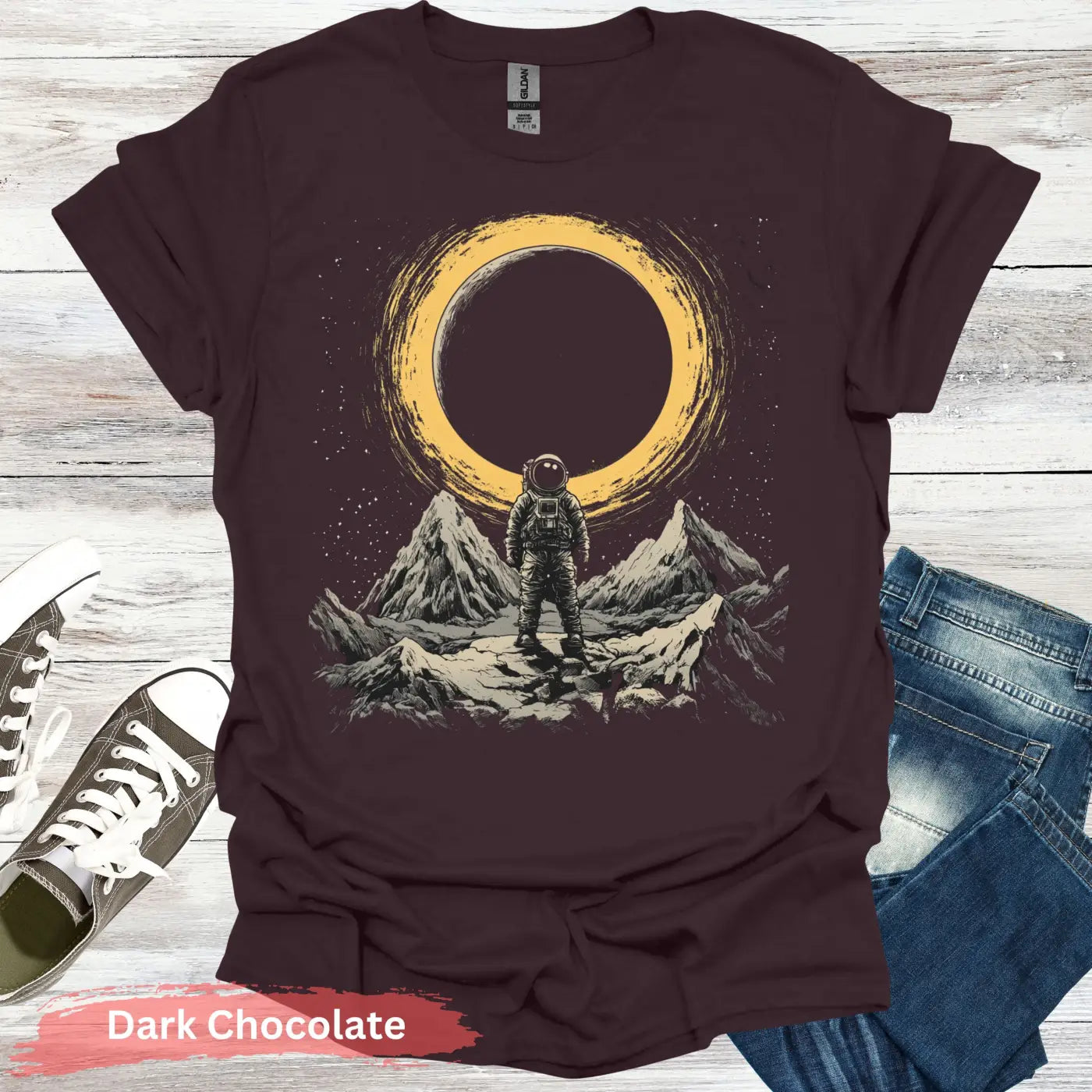 Astronaut Standing on Mountain with Sun T-Shirt - S / Dark Chocolate - Physical Item