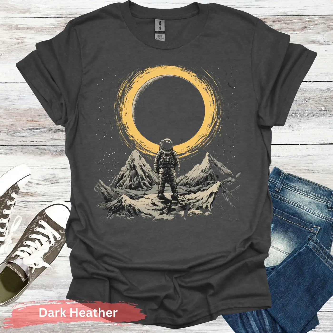 Astronaut Standing on Mountain with Sun T-Shirt - S / Dark Heather - Physical Item