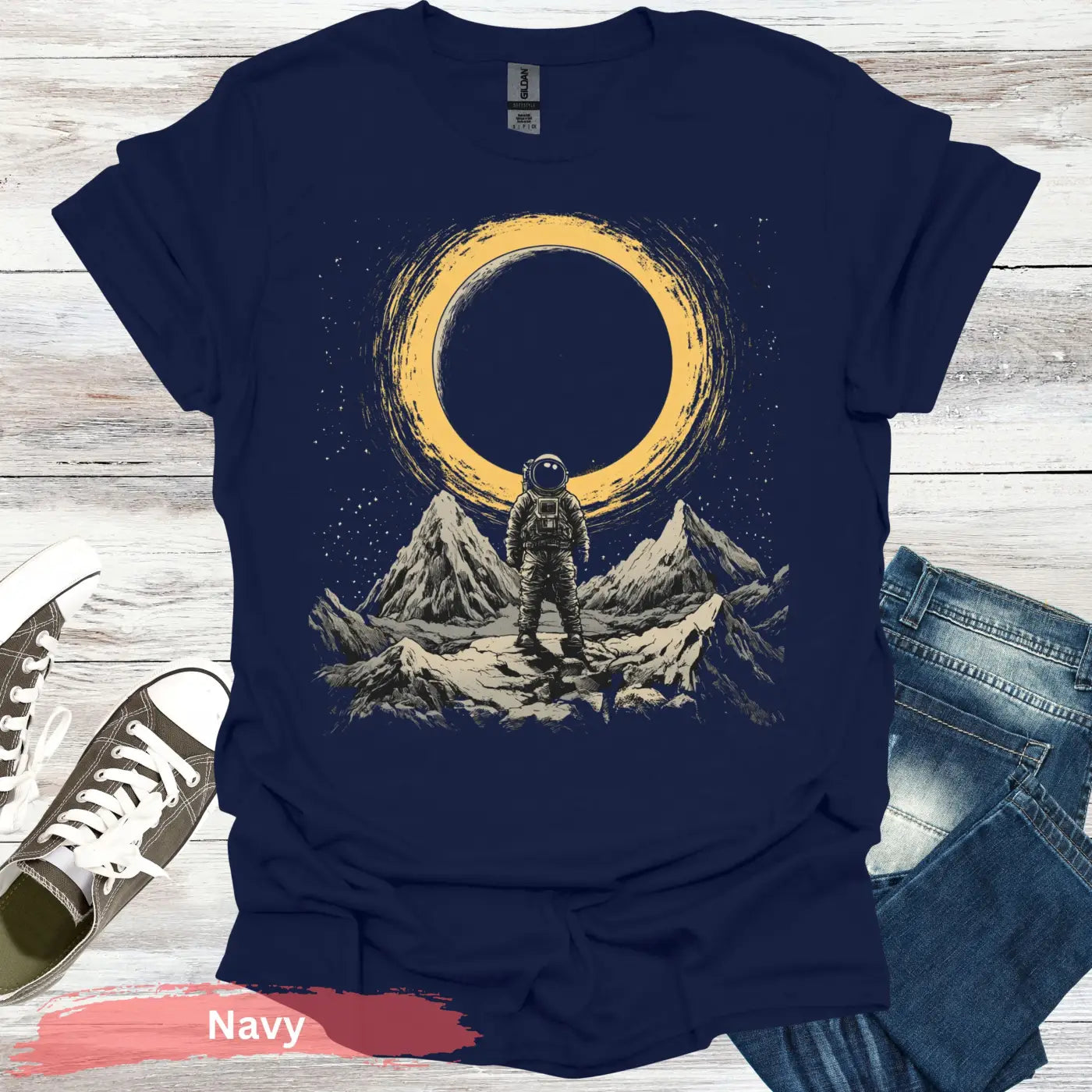 Astronaut Standing on Mountain with Sun T-Shirt - S / Navy - Physical Item