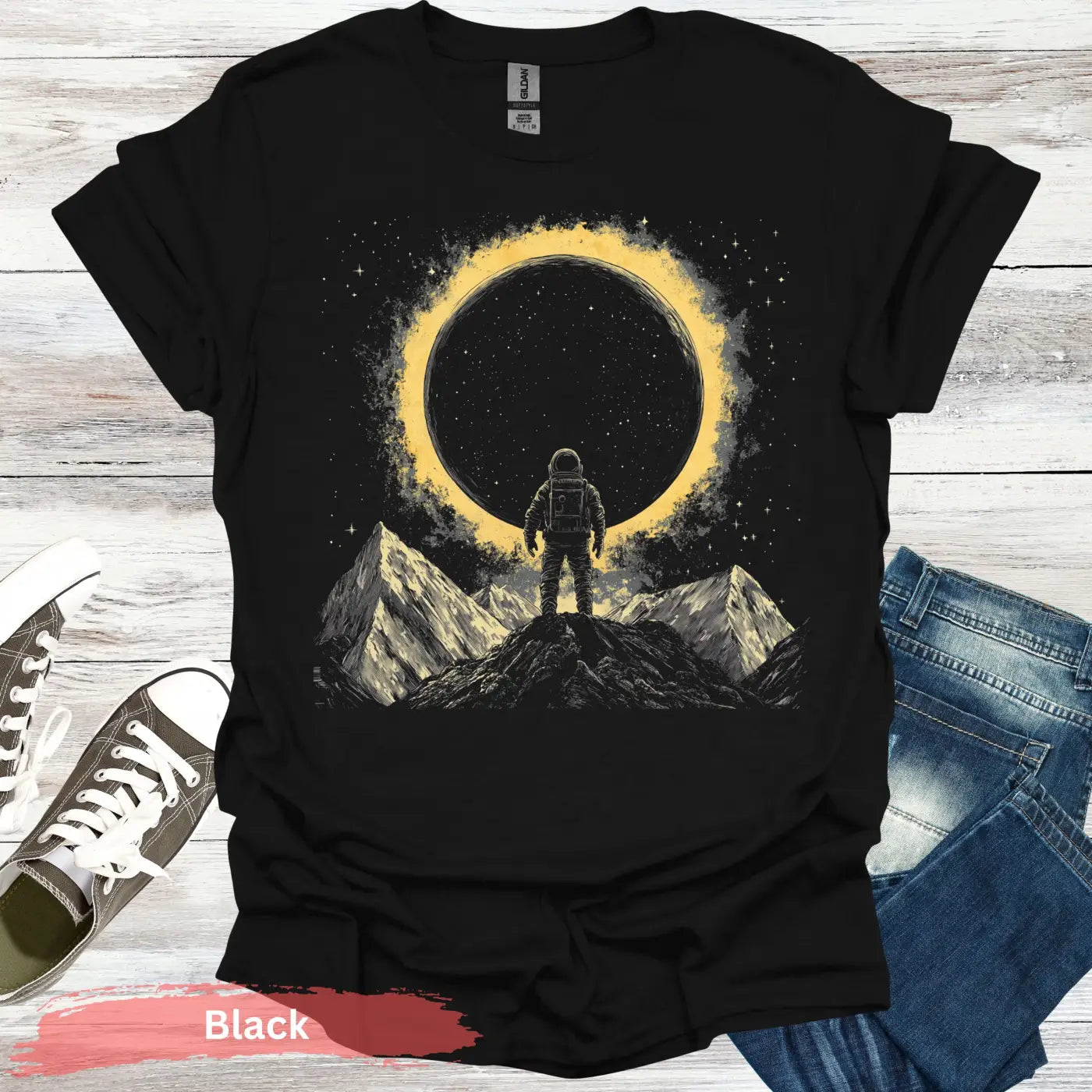 Astronaut Sunburst T-Shirt - S / Black - Physical Item