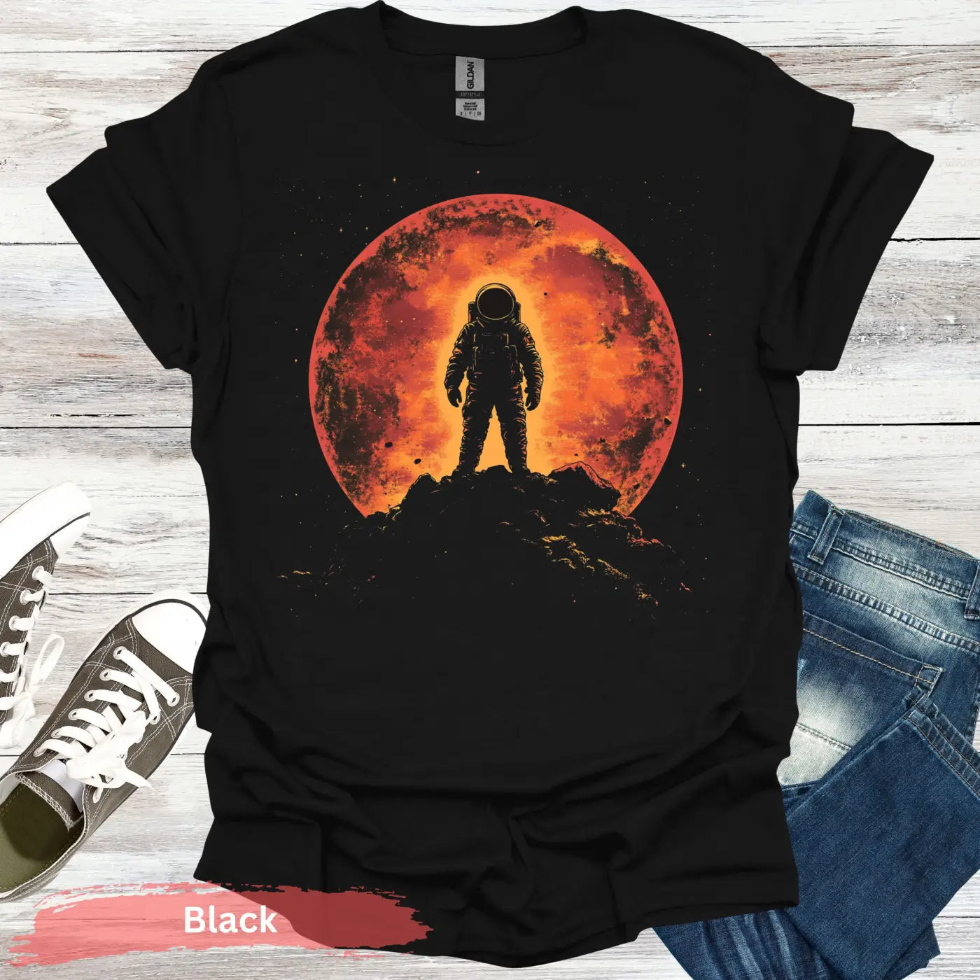 Astronaut with Distressed Sun T-shirt - S / Black - Physical Item