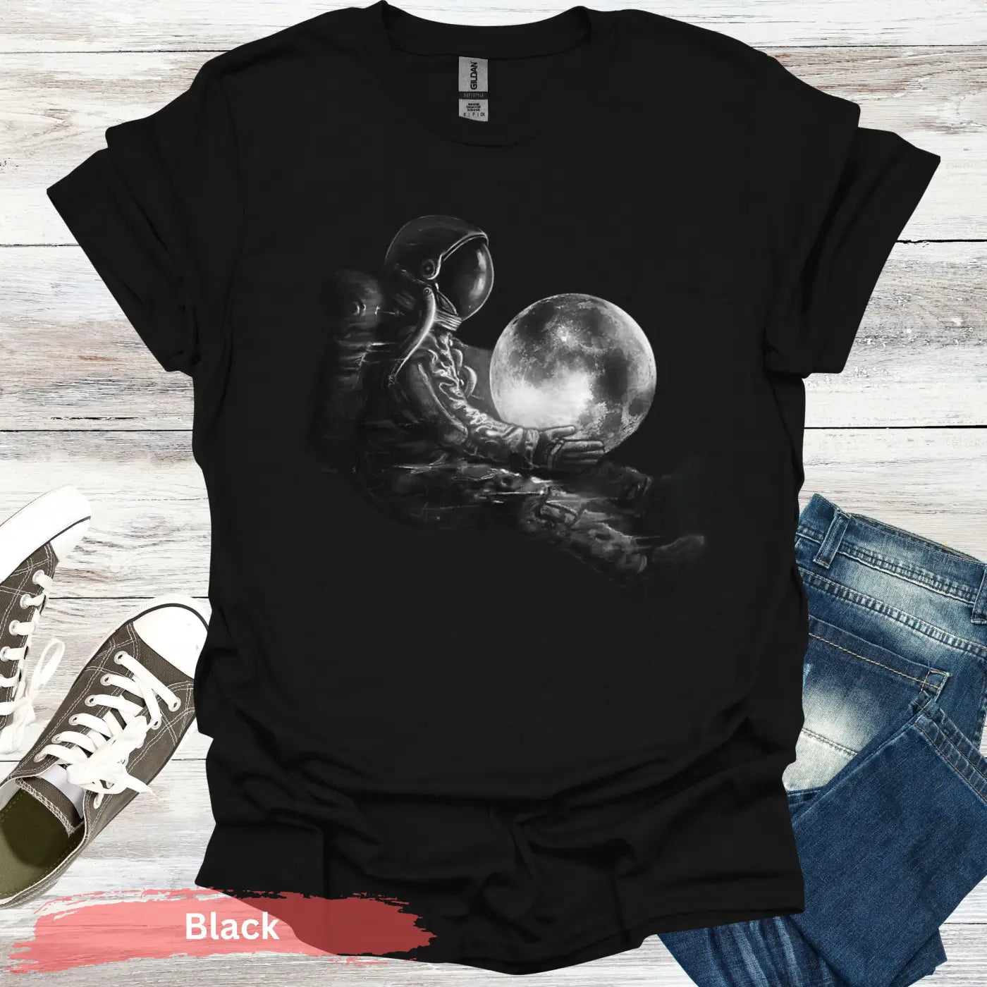 Astronaut with Moon T-shirt - S / Black - Physical Item
