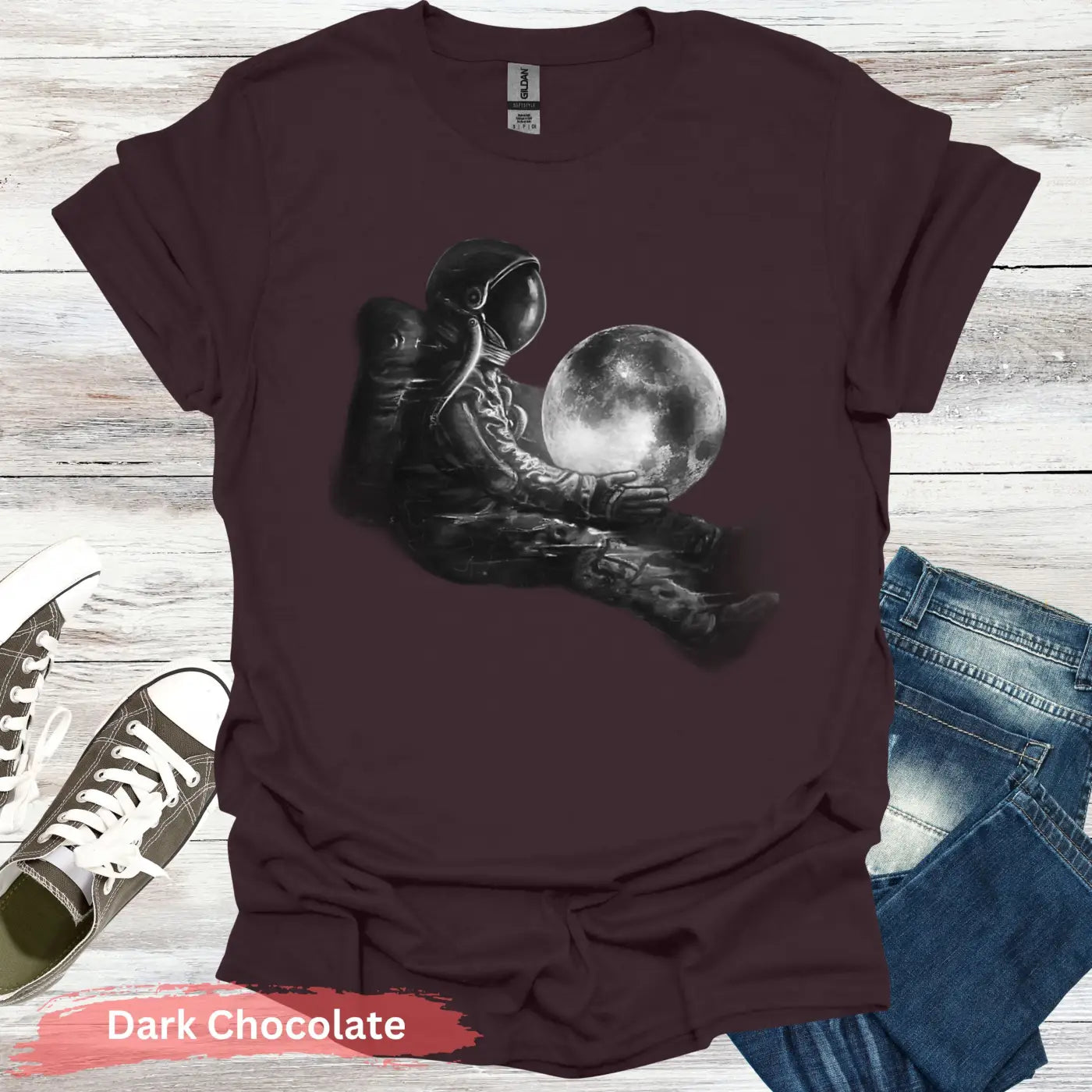 Astronaut with Moon T-shirt - S / Dark Chocolate - Physical Item