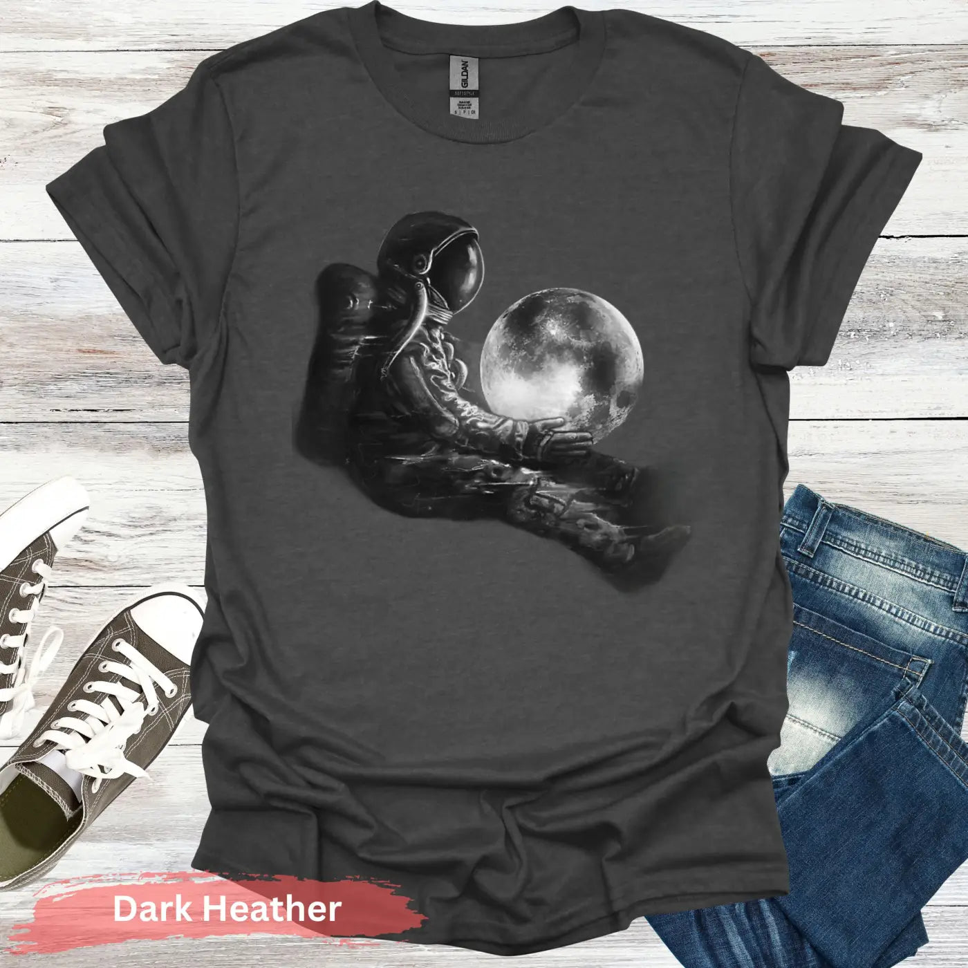 Astronaut with Moon T-shirt - S / Dark Heather - Physical Item