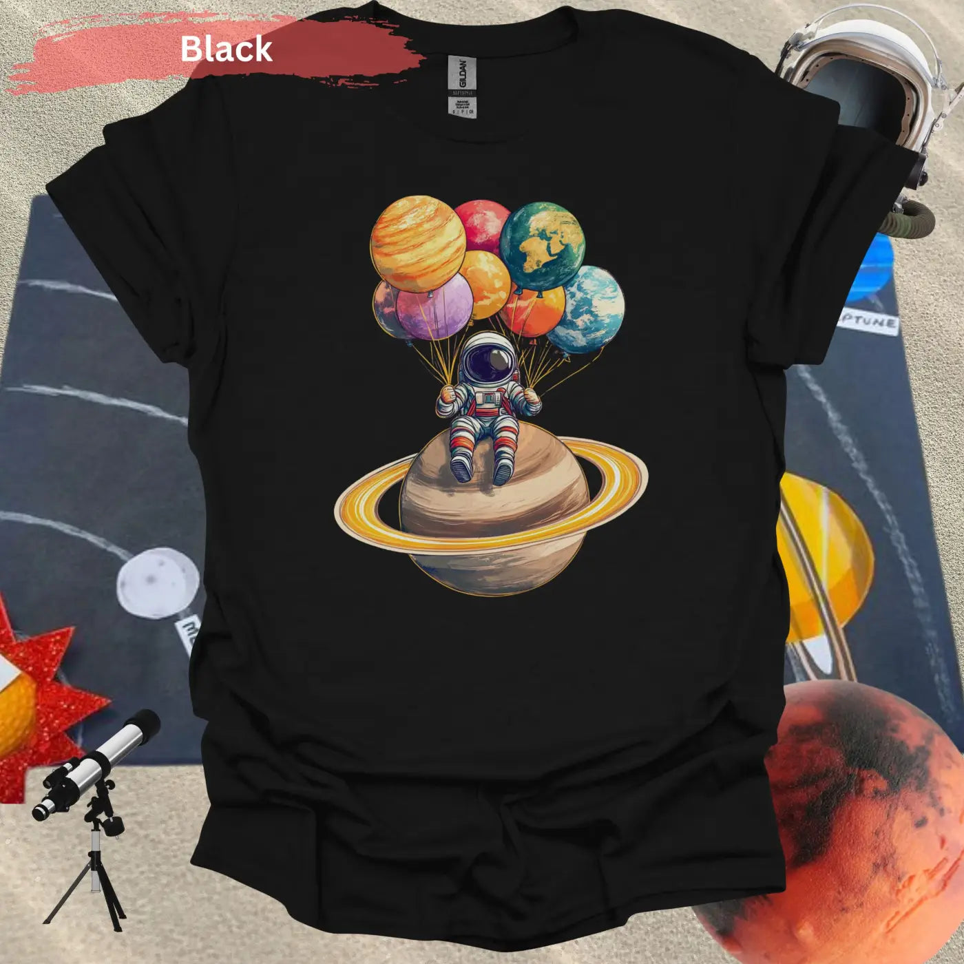 Astronaut Chilling with Planet Balloons T-shirt - S / Black - Physical Item