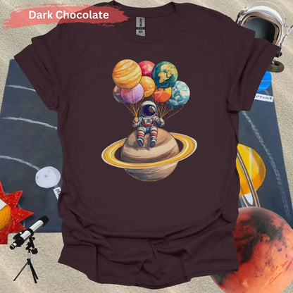 Astronaut Chilling with Planet Balloons T-shirt - S / Dark Chocolate - Physical Item