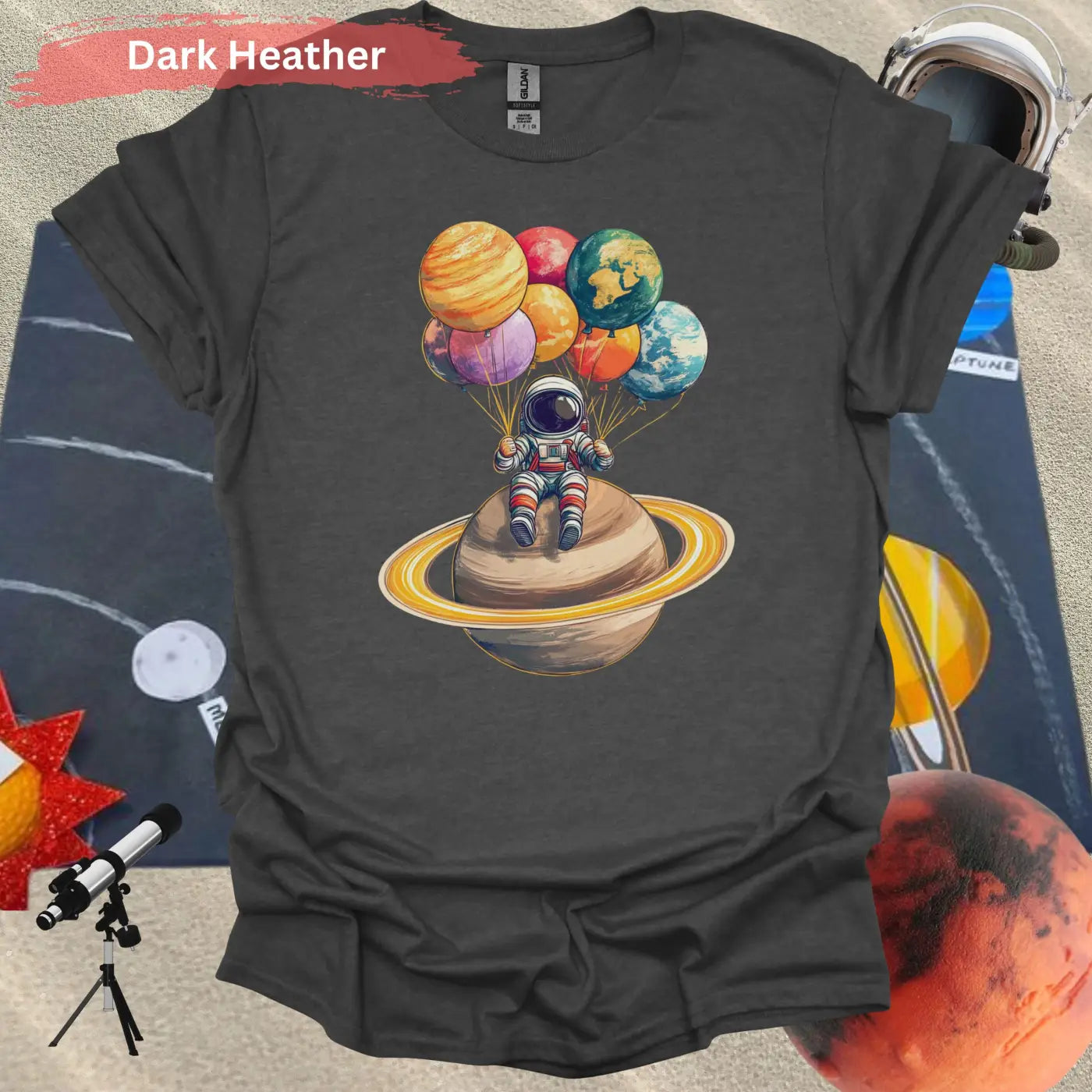 Astronaut Chilling with Planet Balloons T-shirt - S / Dark Heather - Physical Item