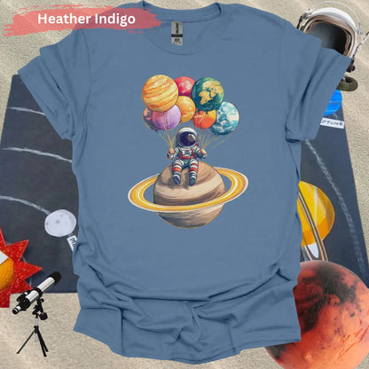 Astronaut Chilling with Planet Balloons T-shirt - S / Heather Indigo - Physical Item