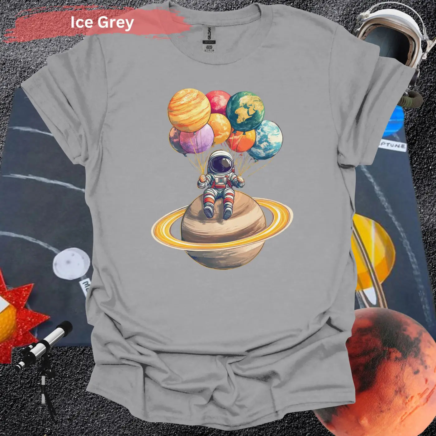 Astronaut Chilling with Planet Balloons T-shirt - S / Ice Grey - Physical Item