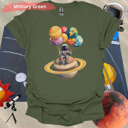 Astronaut Chilling with Planet Balloons T-shirt - S / Military Green - Physical Item