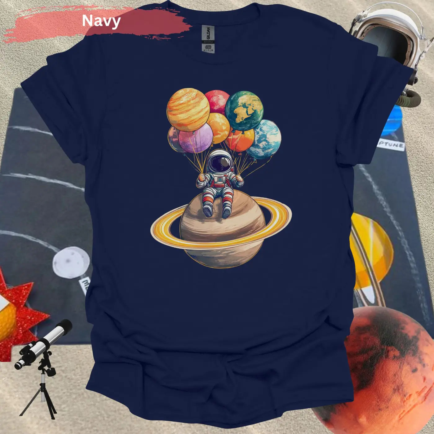 Astronaut Chilling with Planet Balloons T-shirt - S / Navy - Physical Item