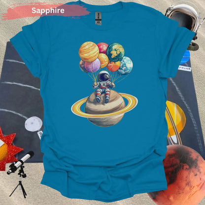 Astronaut Chilling with Planet Balloons T-shirt - S / Sapphire - Physical Item