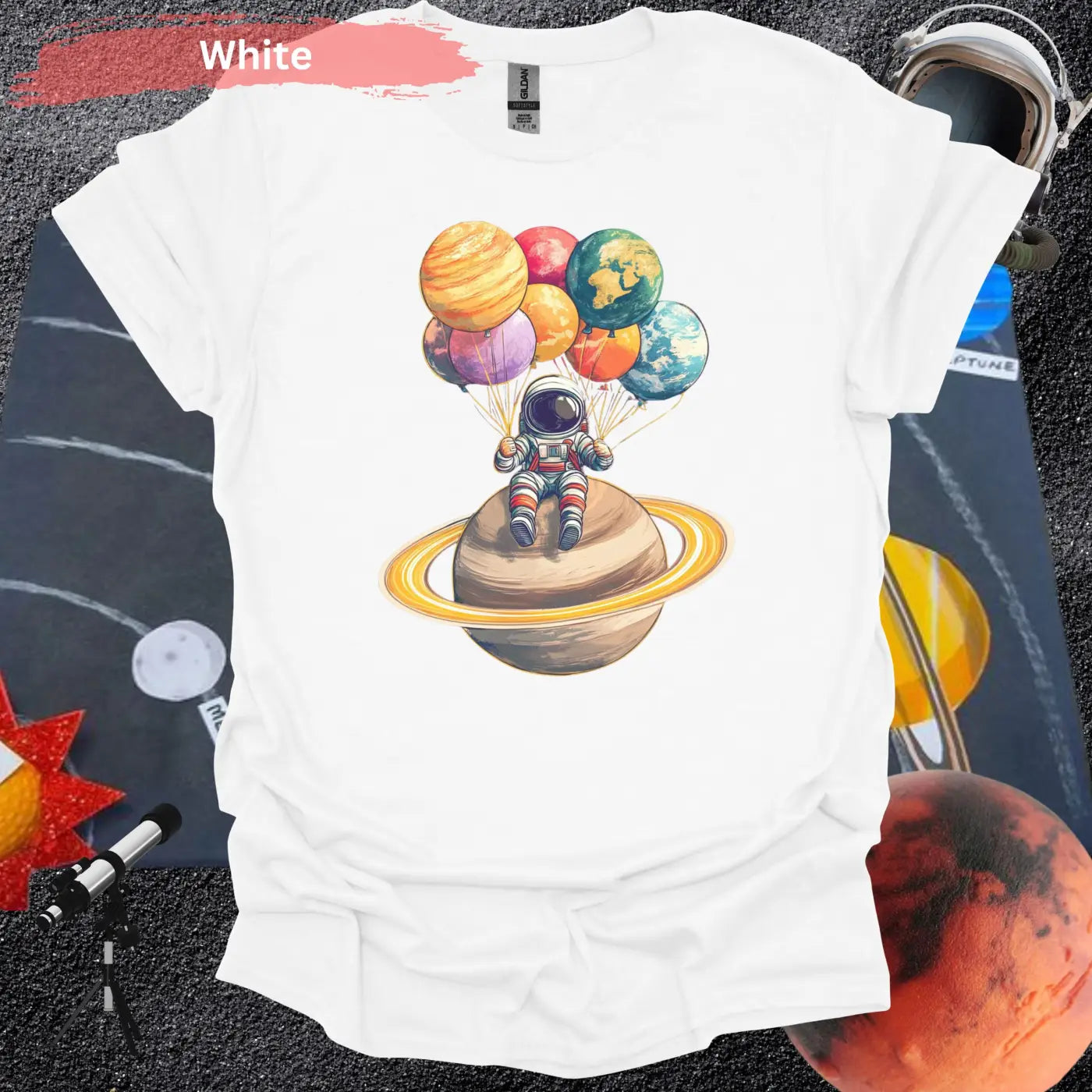 Astronaut Chilling with Planet Balloons T-shirt - S / White - Physical Item