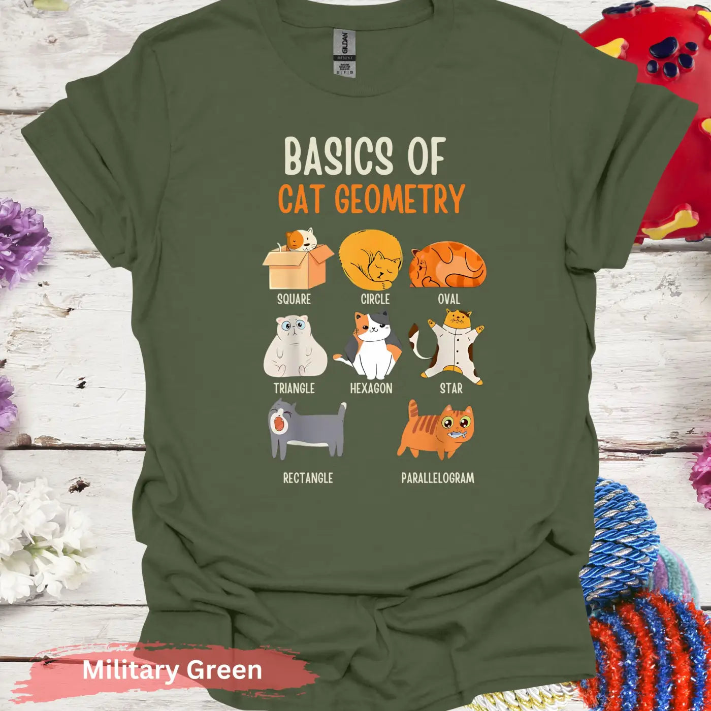 Basics of Cat Geometry Funny T-Shirt - S / Military Green - Physical Item