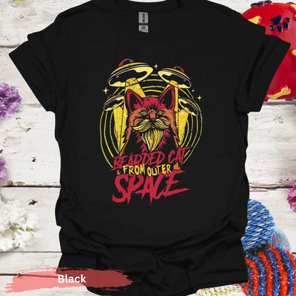 Bearded Cat From Outer Space T-shirt - S / Black - Physical Item