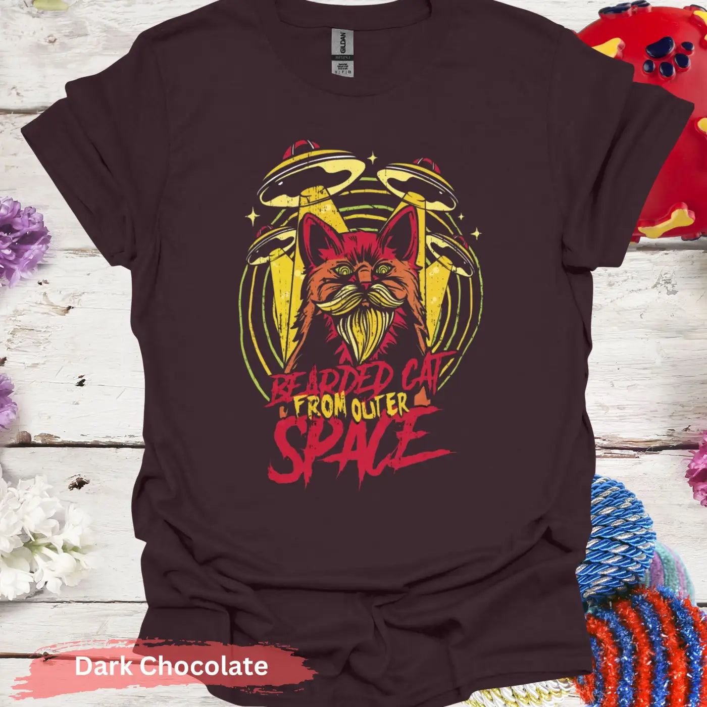 Bearded Cat From Outer Space T-shirt - S / Dark Chocolate - Physical Item