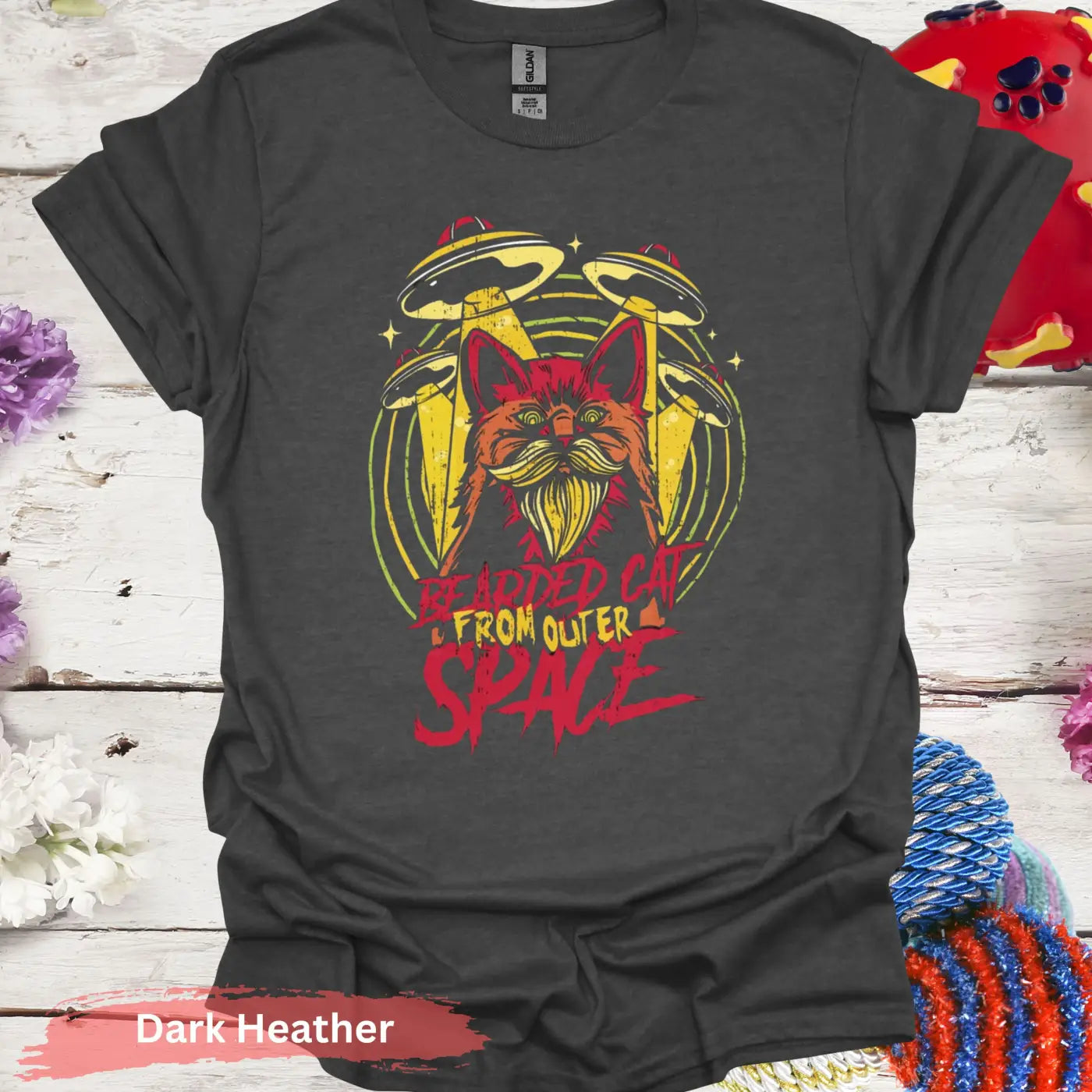 Bearded Cat From Outer Space T-shirt - S / Dark Heather - Physical Item