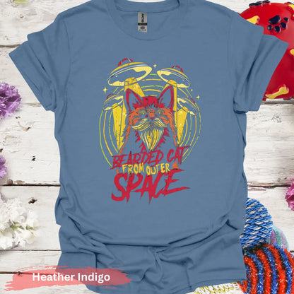 Bearded Cat From Outer Space T-shirt - S / Heather Indigo - Physical Item