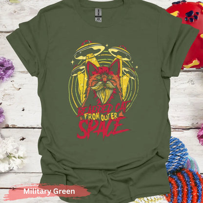 Bearded Cat From Outer Space T-shirt - S / Military Green - Physical Item