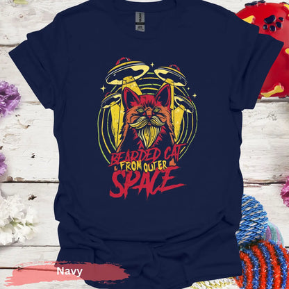 Bearded Cat From Outer Space T-shirt - S / Navy - Physical Item