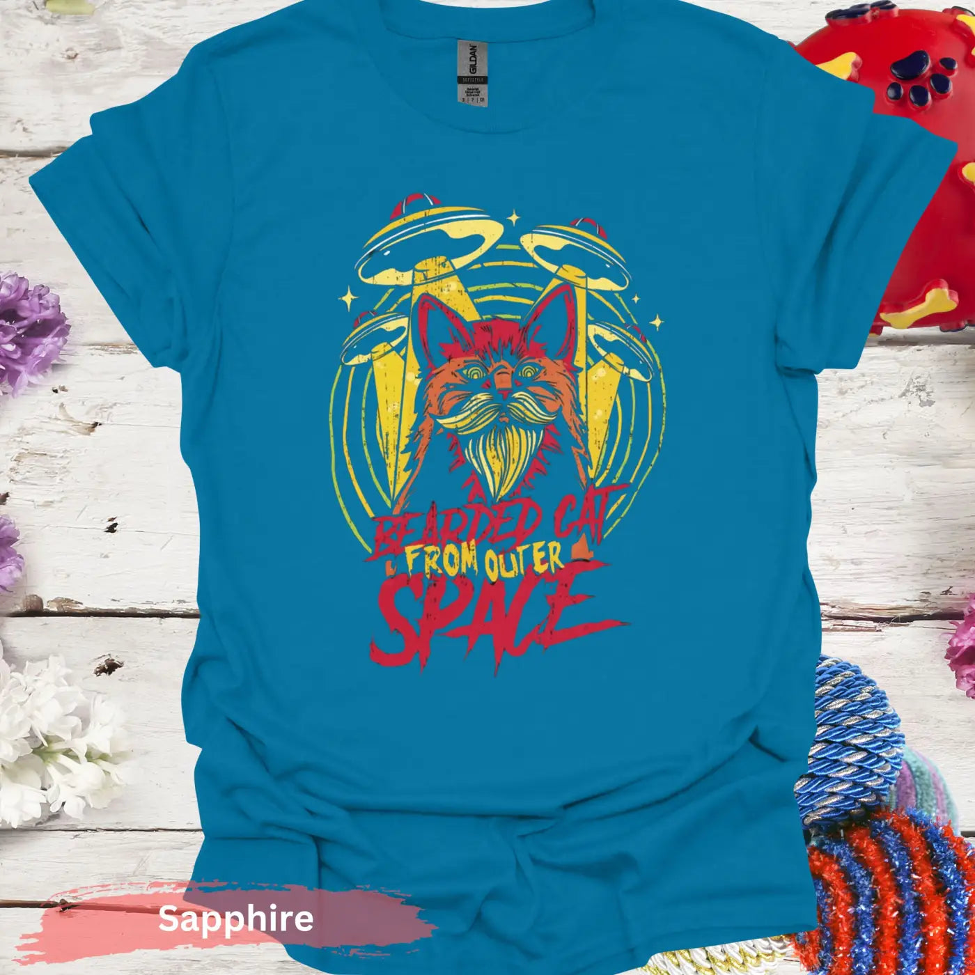 Bearded Cat From Outer Space T-shirt - S / Sapphire - Physical Item