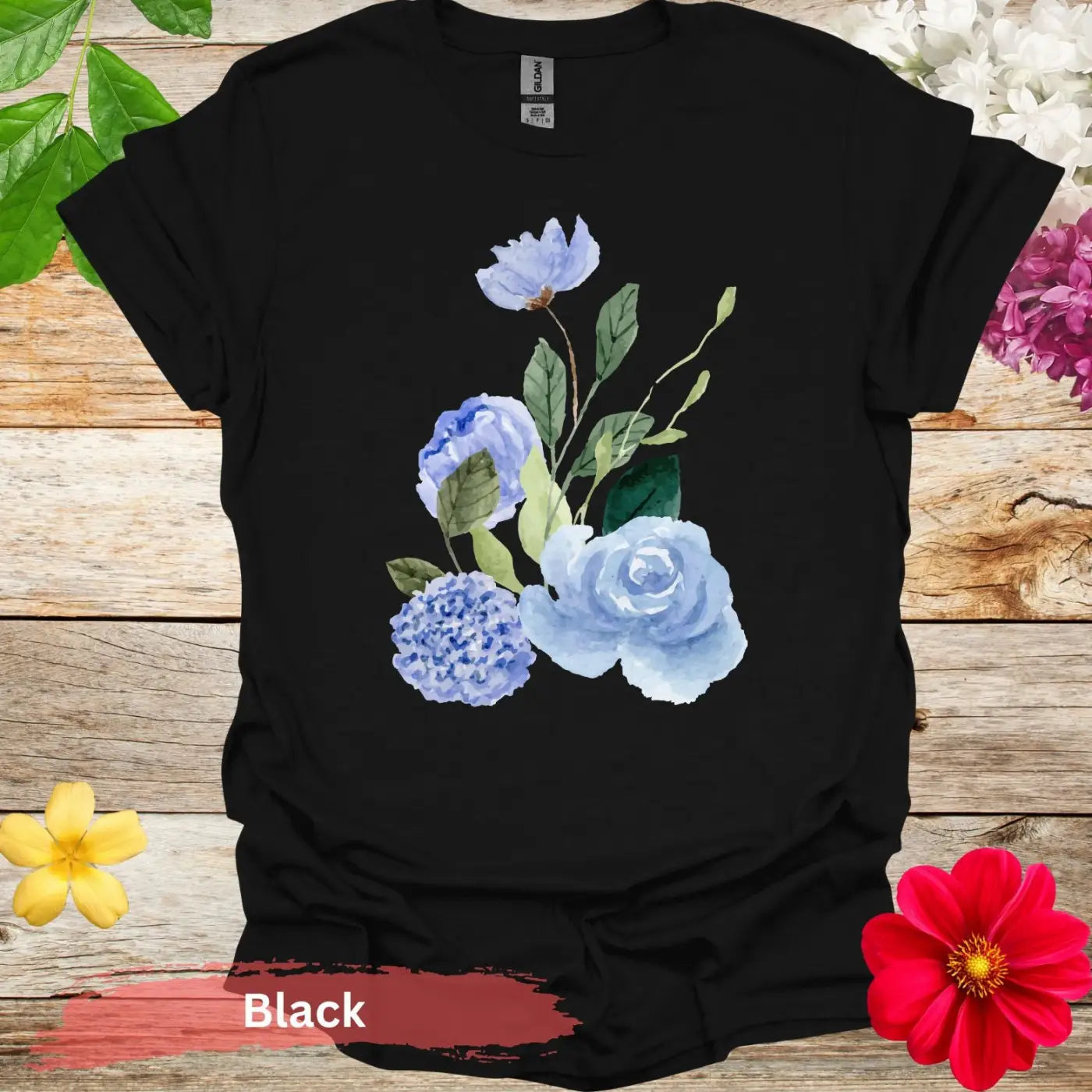 Beautiful Watercolor Floral T-Shirt - S / Black - Physical Item