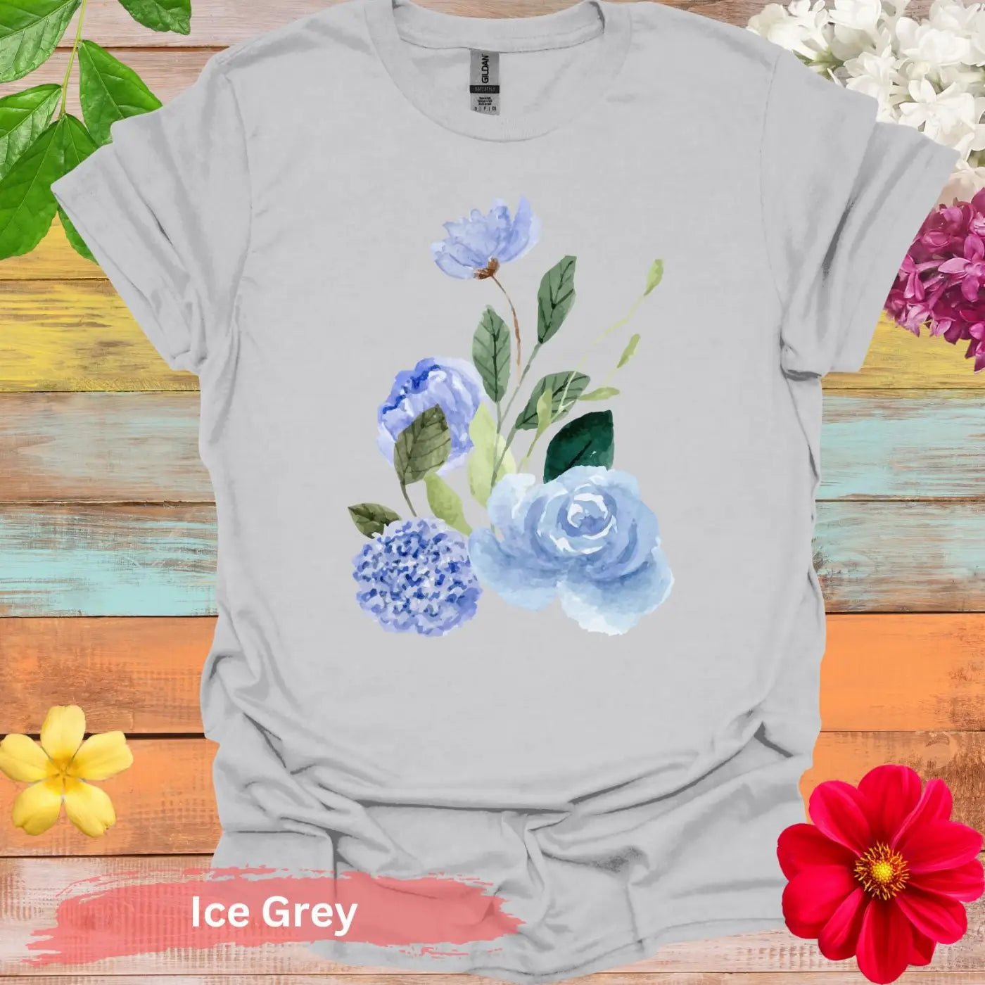 Beautiful Watercolor Floral T-Shirt - S / Ice Grey - Physical Item