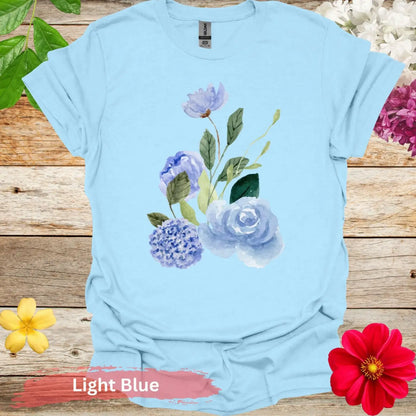 Beautiful Watercolor Floral T-Shirt - S / Light Blue - Physical Item