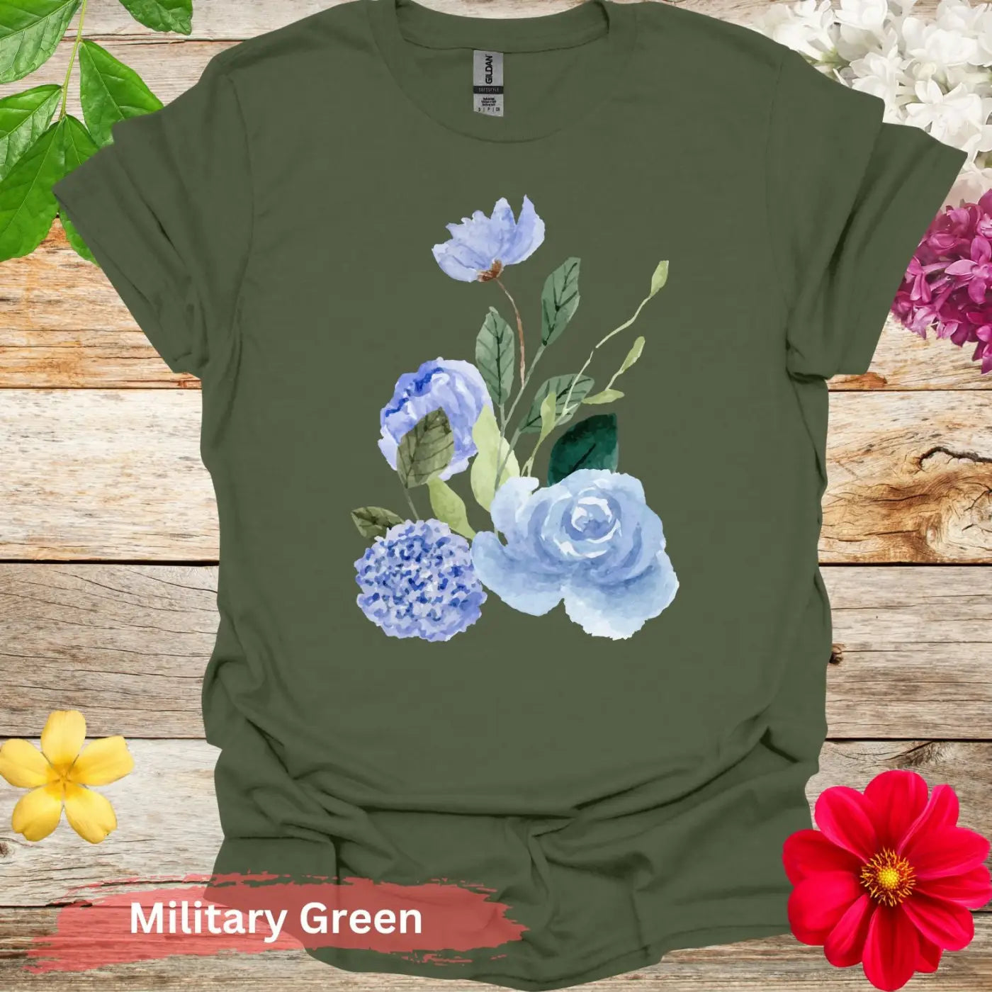 Beautiful Watercolor Floral T-Shirt - S / Military Green - Physical Item