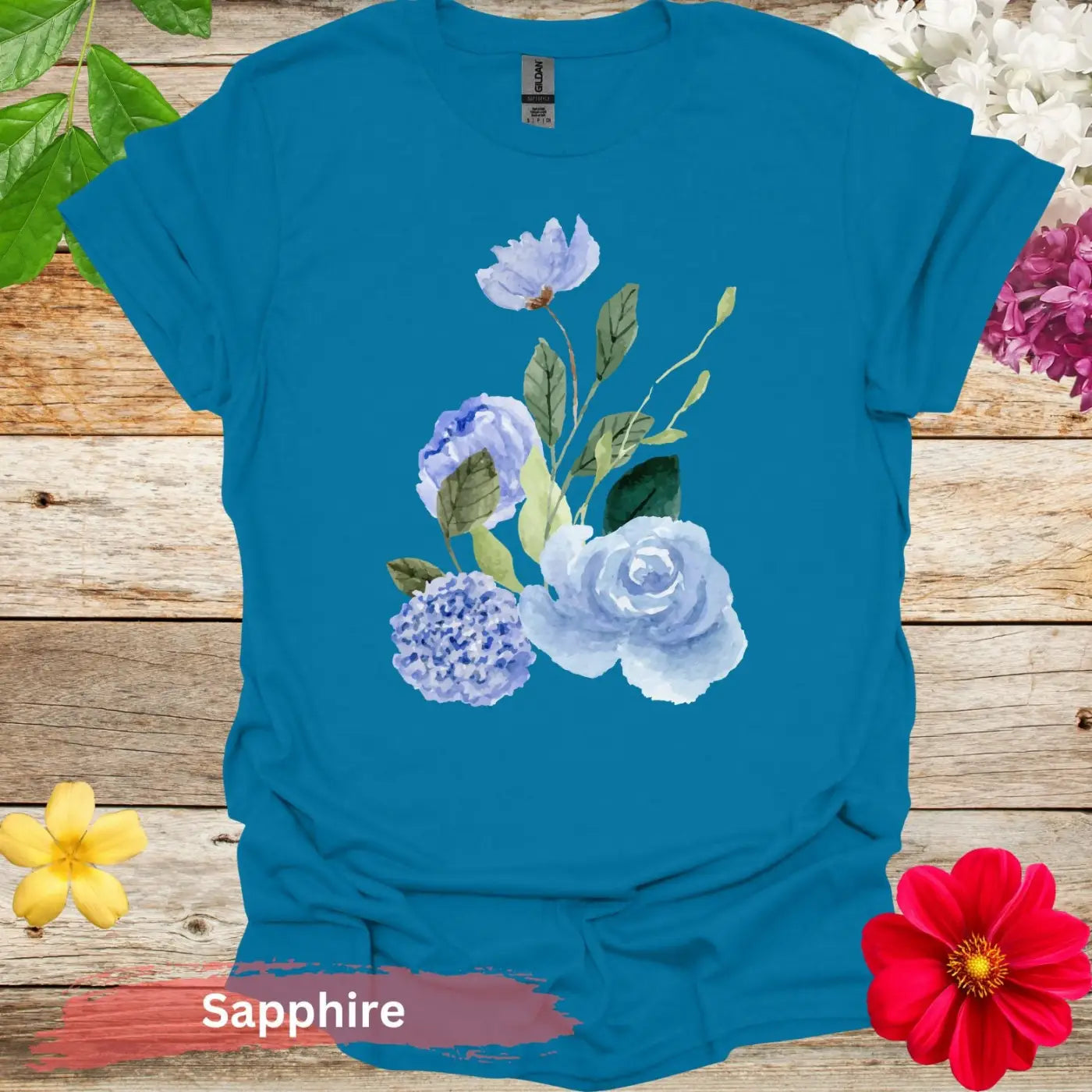 Beautiful Watercolor Floral T-Shirt - S / Sapphire - Physical Item