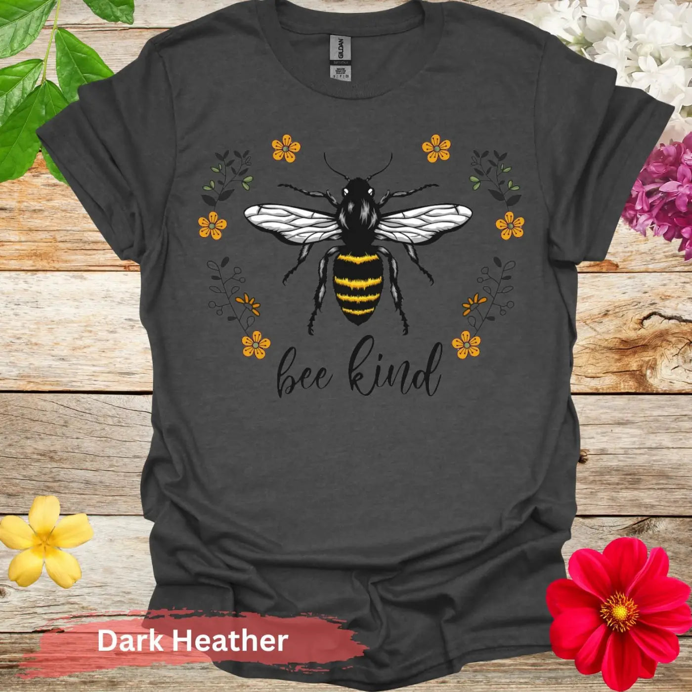 Bee Kind Graphic Floral T-Shirt - S / Dark Heather - Physical Item