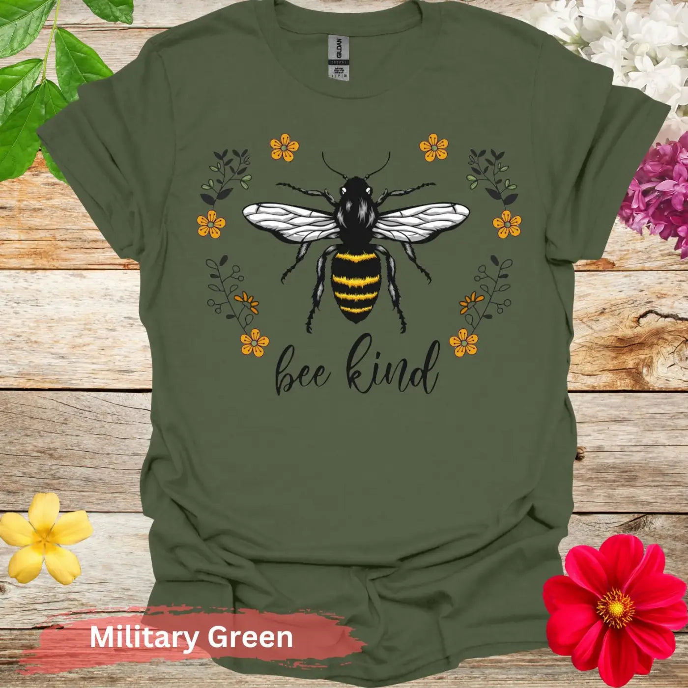 Bee Kind Graphic Floral T-Shirt - S / Military Green - Physical Item