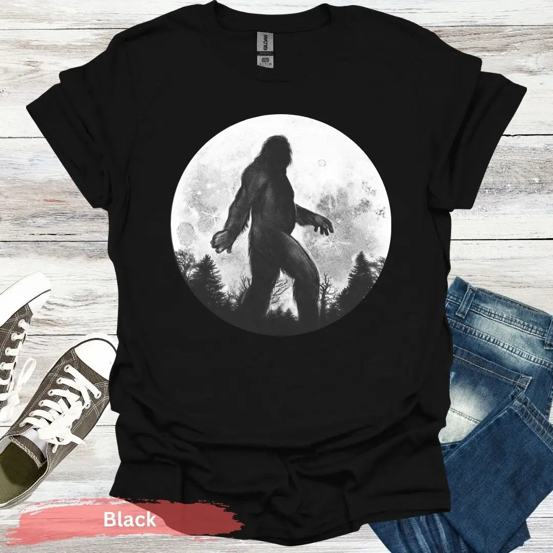 Bigfoot Silhouette Under Full Moon T-Shirt - S / Black - Physical Item