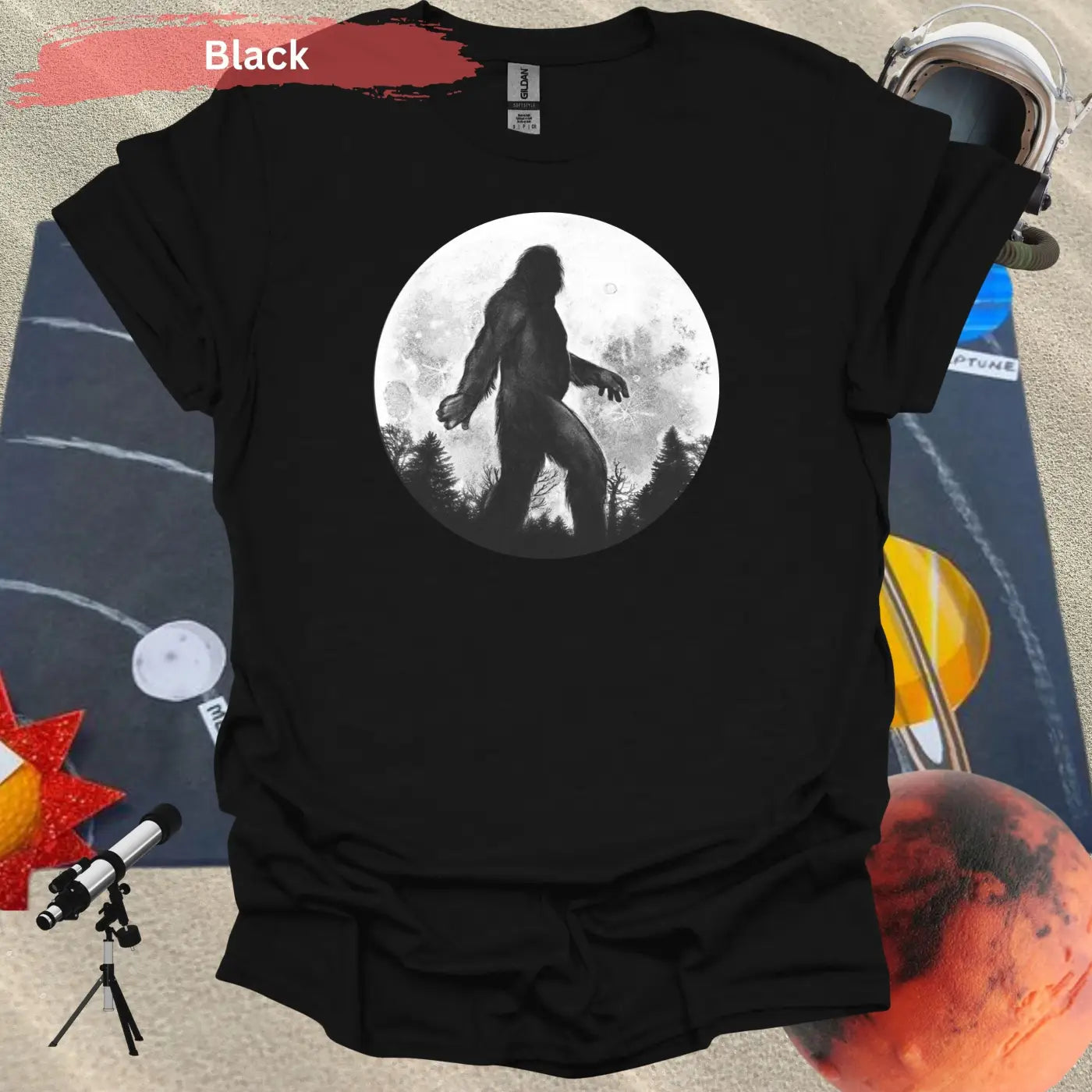 Bigfoot Silhouette Under Full Moon T-Shirt - S / Black - Physical Item