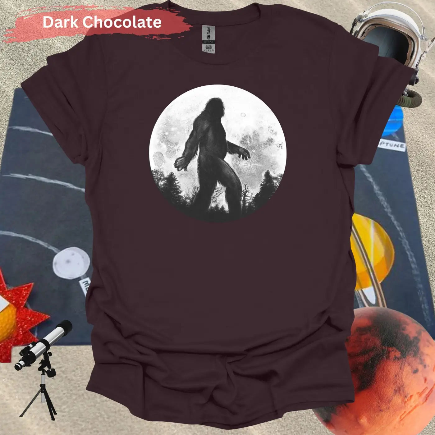 Bigfoot Silhouette Under Full Moon T-Shirt - S / Dark Chocolate - Physical Item