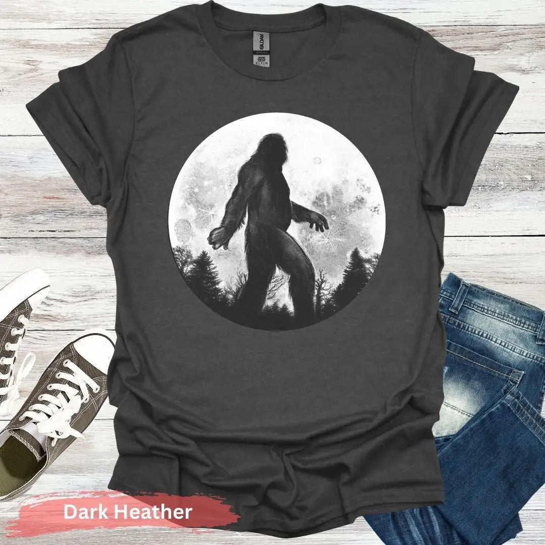 Bigfoot Silhouette Under Full Moon T-Shirt - S / Dark Heather - Physical Item