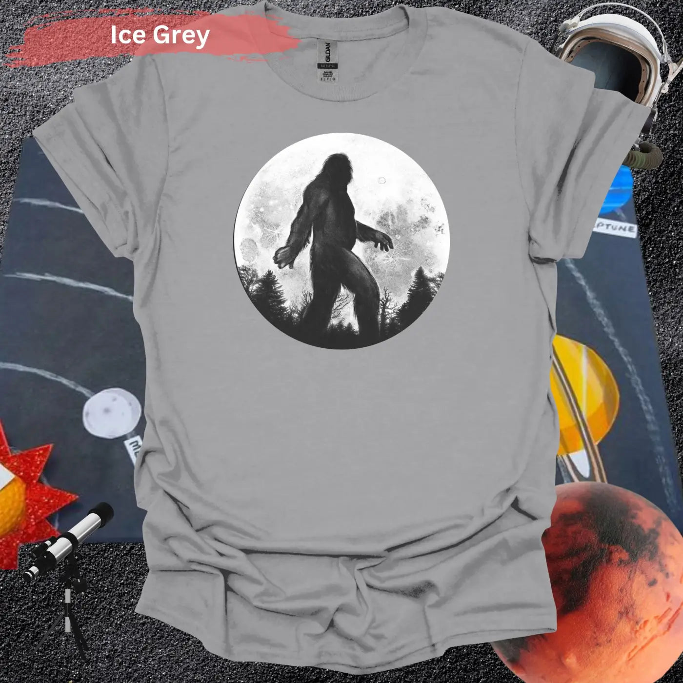 Bigfoot Silhouette Under Full Moon T-Shirt - S / Ice Grey - Physical Item