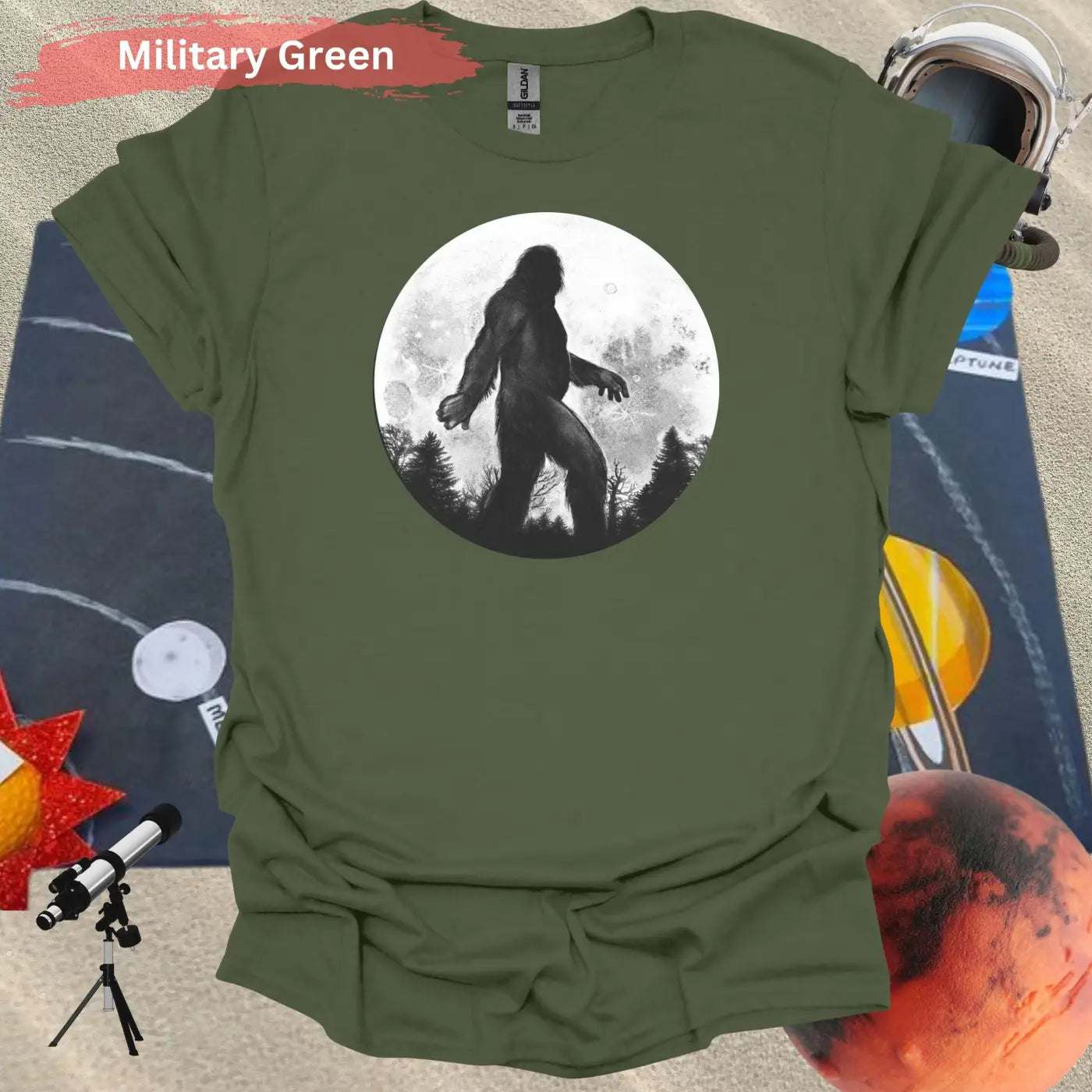 Bigfoot Silhouette Under Full Moon T-Shirt - S / Military Green - Physical Item