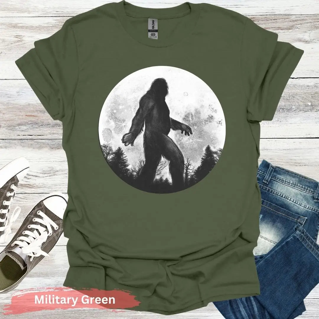 Bigfoot Silhouette Under Full Moon T-Shirt - S / Military Green - Physical Item