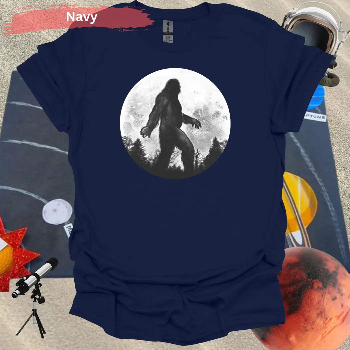 Bigfoot Silhouette Under Full Moon T-Shirt - S / Navy - Physical Item