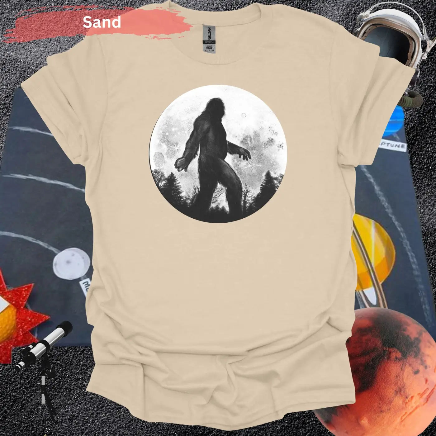 Bigfoot Silhouette Under Full Moon T-Shirt - S / Sand - Physical Item