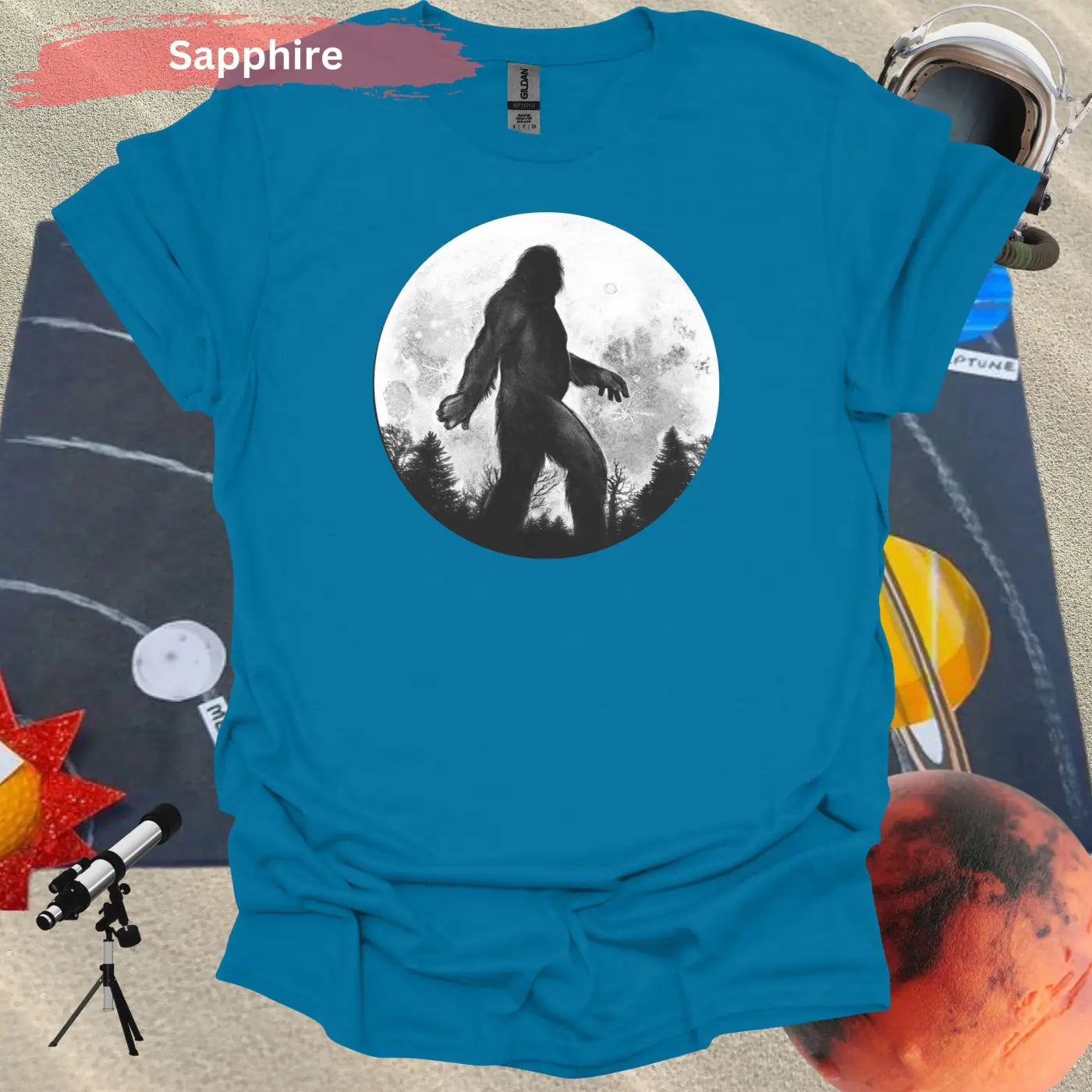 Bigfoot Silhouette Under Full Moon T-Shirt - S / Sapphire - Physical Item