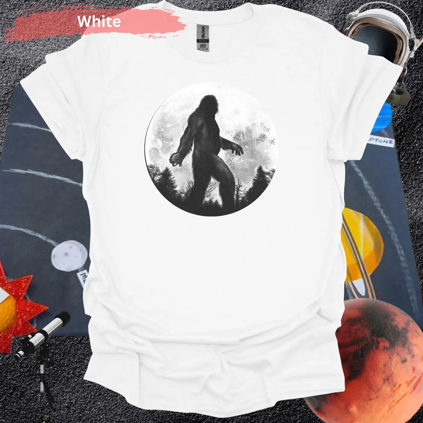 Bigfoot Silhouette Under Full Moon T-Shirt - S / White - Physical Item