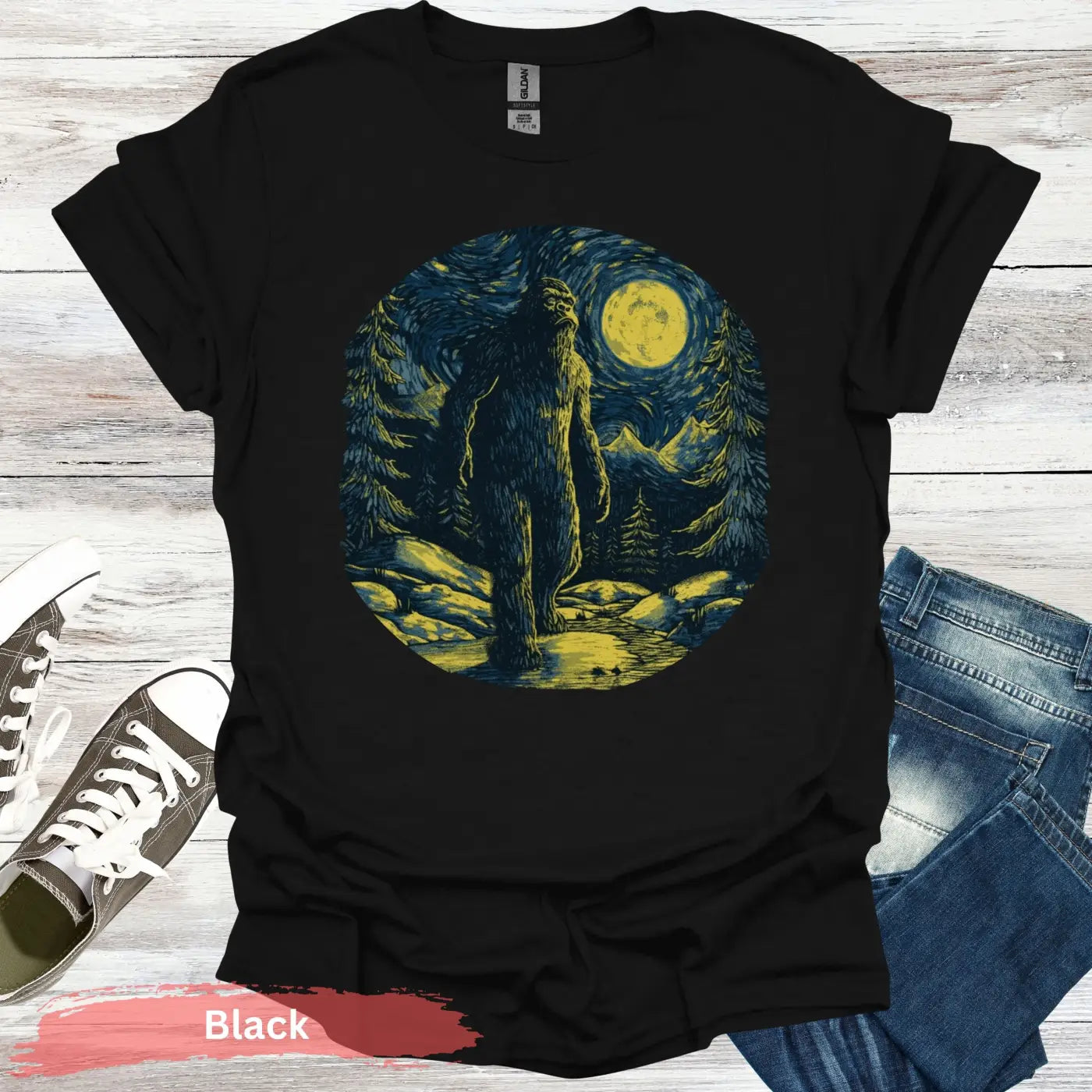 Bigfoot Under Van Gogh’s Starry Sky T-Shirt - S / Black - Physical Item