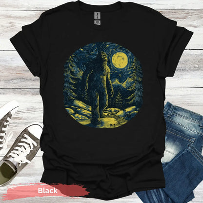 Bigfoot Under Van Gogh’s Starry Sky T-Shirt - S / Black - Physical Item