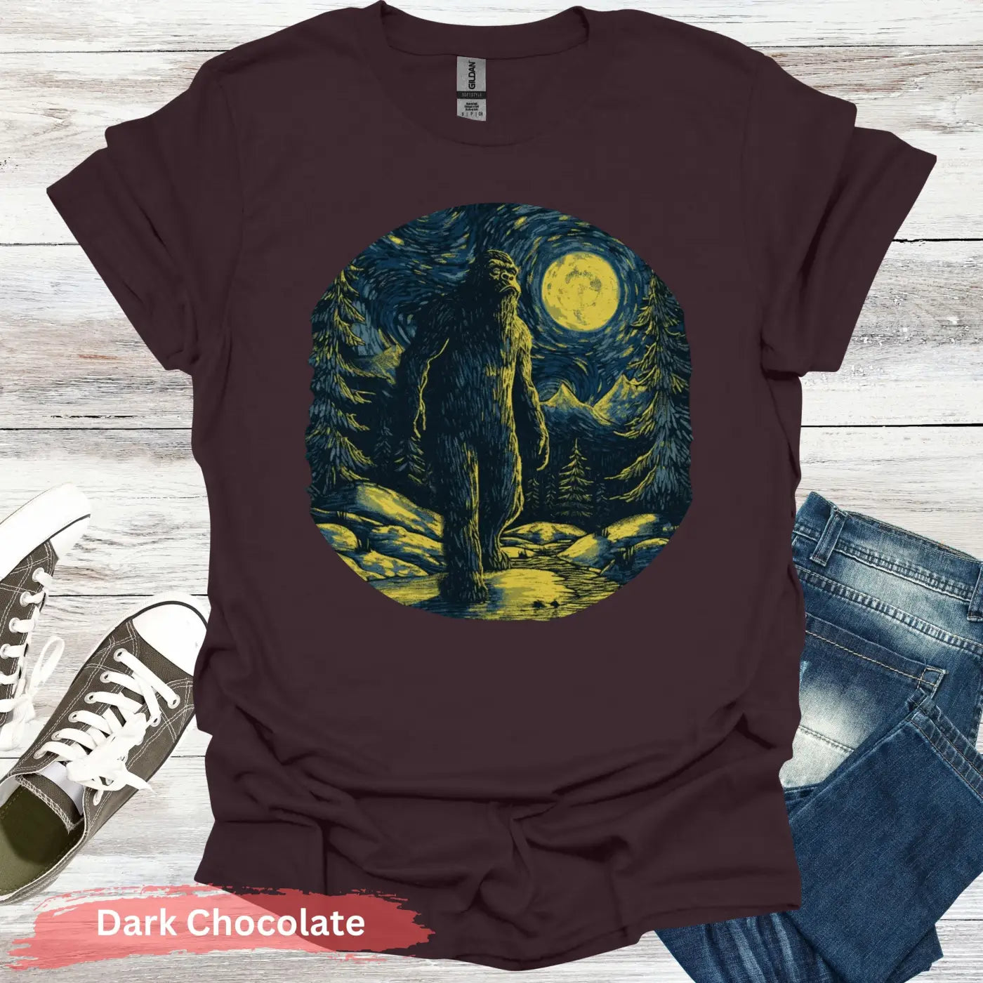 Bigfoot Under Van Gogh’s Starry Sky T-Shirt - S / Dark Chocolate - Physical Item