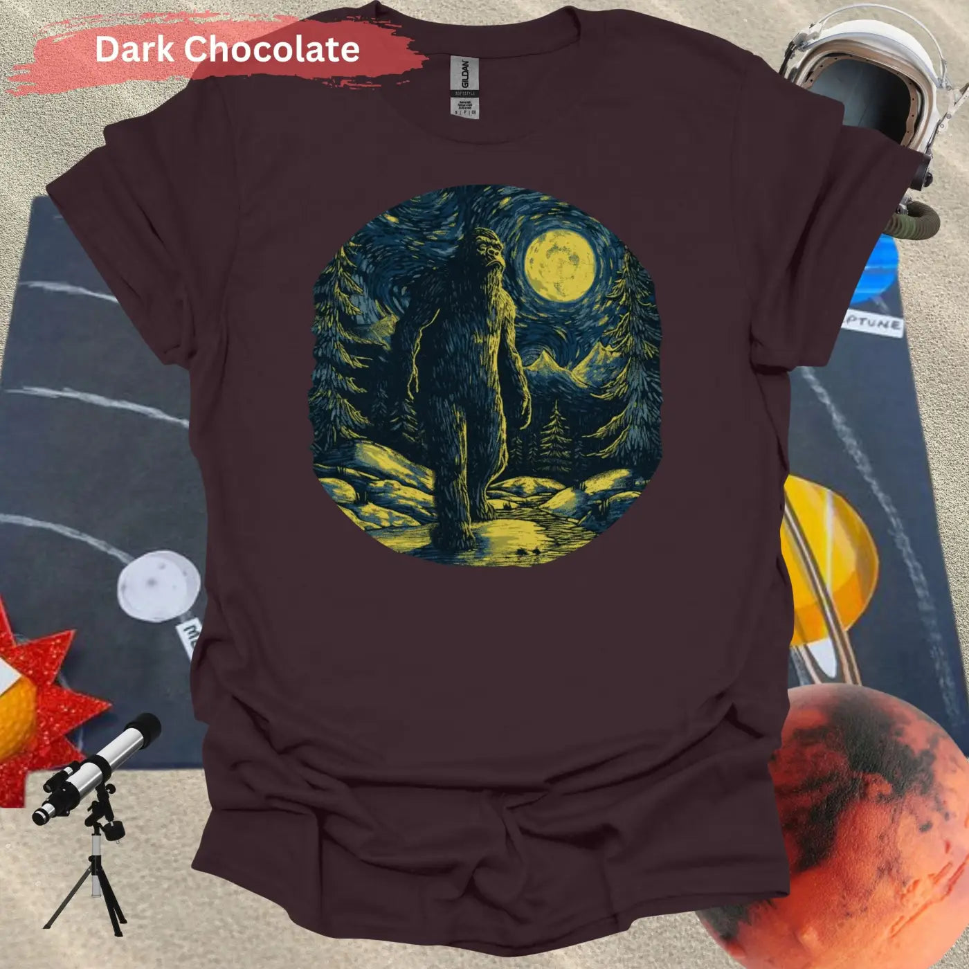 Bigfoot Under Van Gogh’s Starry Sky T-Shirt - S / Dark Chocolate - Physical Item