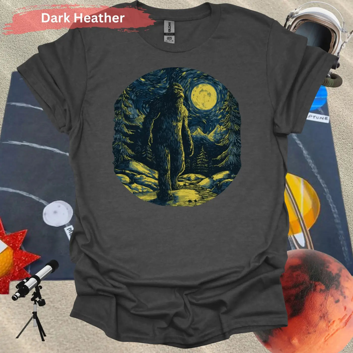 Bigfoot Under Van Gogh’s Starry Sky T-Shirt - S / Dark Heather - Physical Item