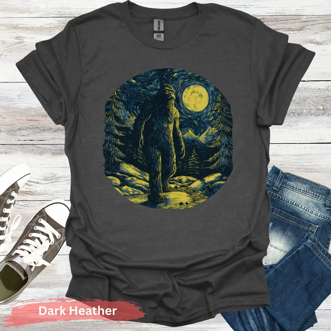 Bigfoot Under Van Gogh’s Starry Sky T-Shirt - S / Dark Heather - Physical Item