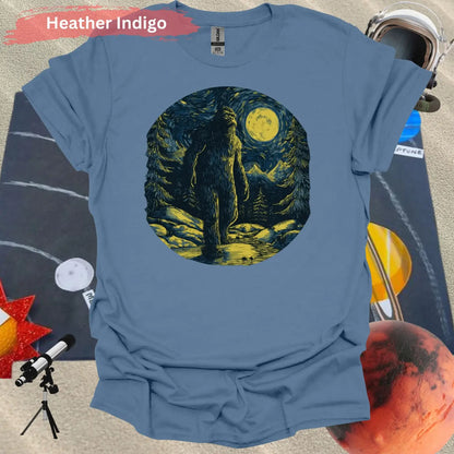 Bigfoot Under Van Gogh’s Starry Sky T-Shirt - S / Heather Indigo - Physical Item